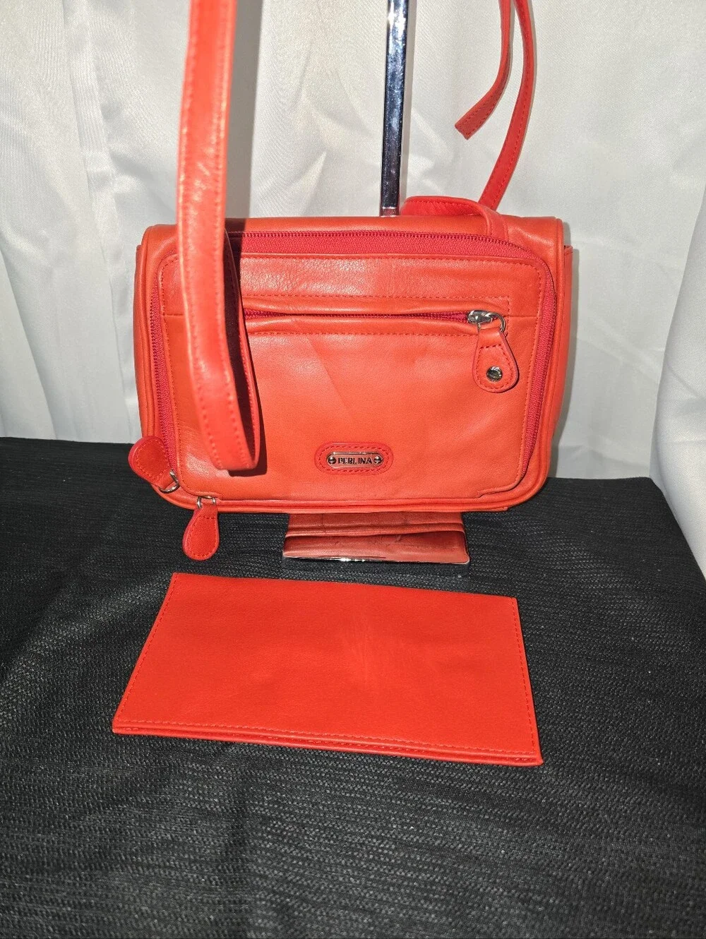 PERLINA MULTIPOCKETS Red Leather Crossbody Bag — Vibrant Red Shoulder Purse